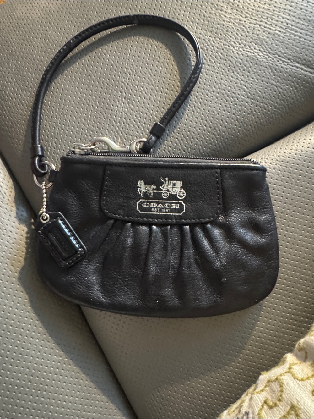 Coach Black Leather Wristlet Clutch with Logo Charm